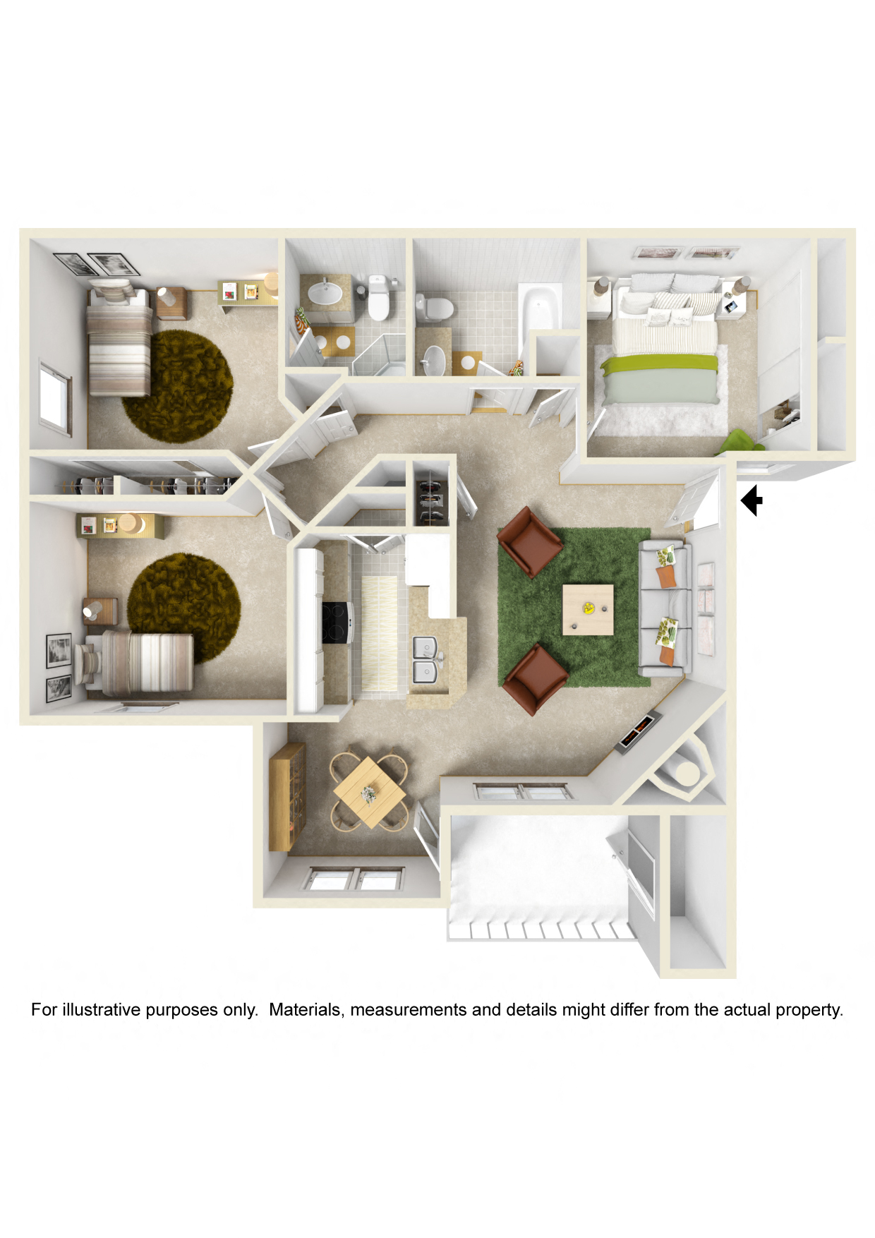 Floor plan for 3 beds, 2 baths, 1036 sqft